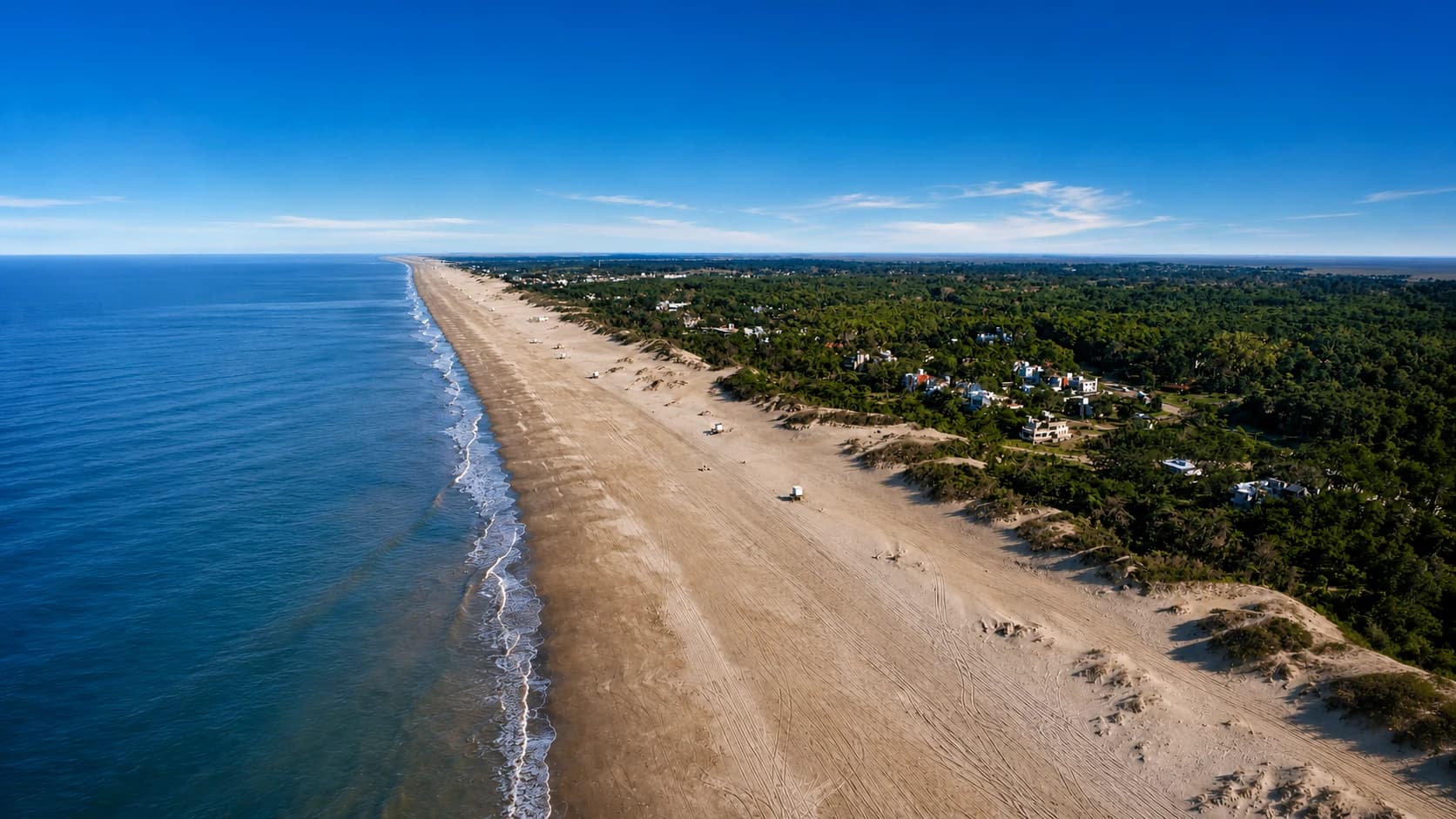 Vista aérea de la playa y el bosque de Mar de las Pampas